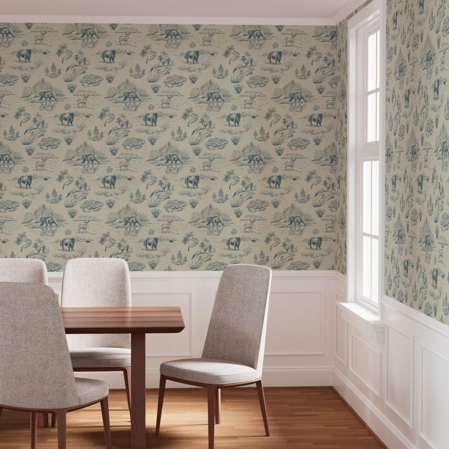 Clear River Yellowstone wallpaper styled in a dining room interior — Pine + Feather Studio