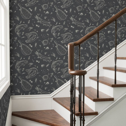 Dark Water fly fishing wallpaper styled in a entryway stairwell interior — Pine + Feather Studio