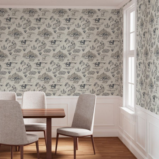 Gallatin Blue Yellowstone wallpaper styled in a dining room interior — Pine + Feather Studio