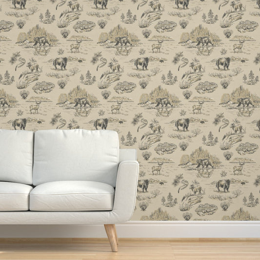 Granite Falls Yellowstone wallpaper styled in a living room interior — Pine + Feather Studio