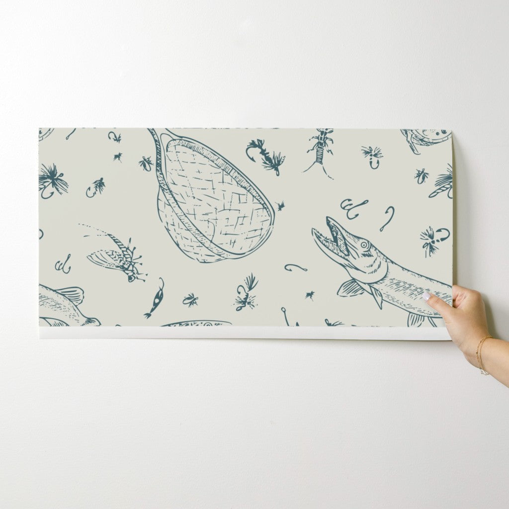 Headwaters Fly Fishing Toile wallpaper swatch in Teal River — fly fishing wallpaper by Pine + Feather Studio