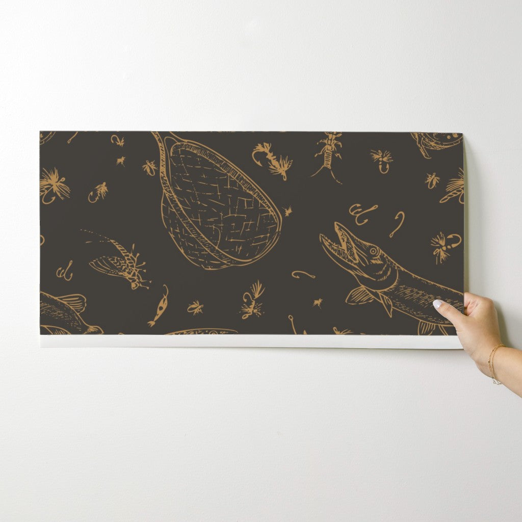 Headwaters Fly Fishing Toile wallpaper swatch in Tobacco Run — fly fishing wallpaper by Pine + Feather Studio