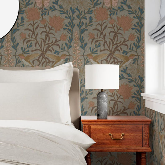 Hummingbirds and Sage hummingbird wallpaper in Camas Prairie styled in a traditional bedroom — damask wallpaper by Pine + Feather Studio