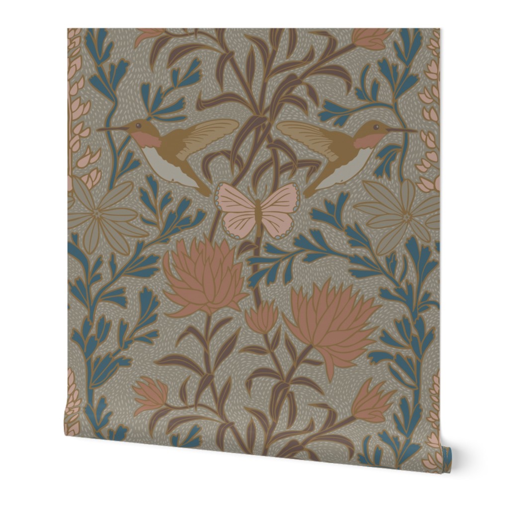 Hummingbirds and Sage wallpaper roll in Camas Prairie — arts and crafts damask wallpaper by Pine + Feather Studio