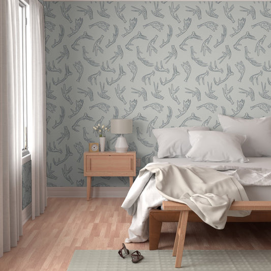 Morning Frost antler wallpaper styled in a bedroom interior — Pine + Feather Studio