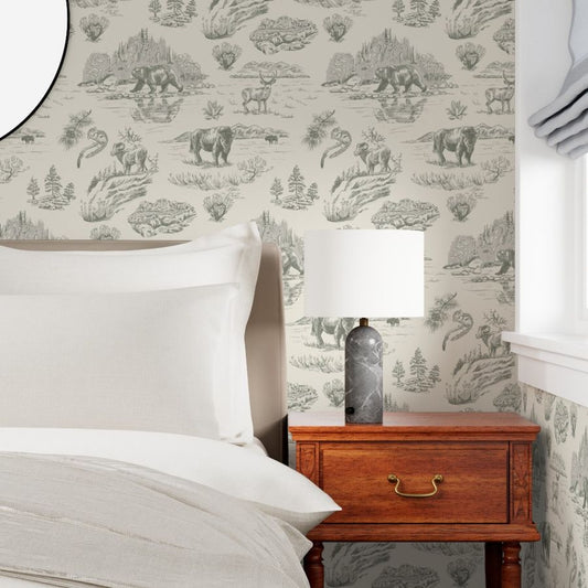 Sage Flats Yellowstone wallpaper close up styled in a bedroom interior — Pine + Feather Studio