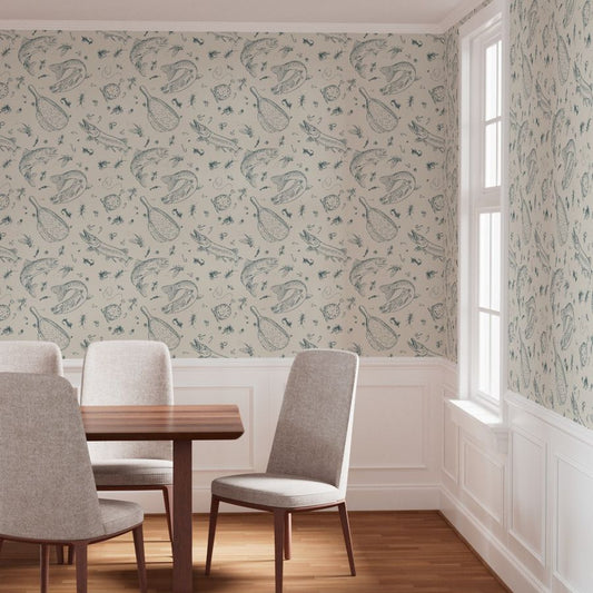 Teal River fly fishing wallpaper styled in a dining room interior — Pine + Feather Studio