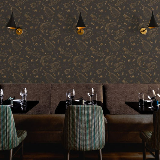 Tobacco Run fly fishing wallpaper styled in a lodge dining room interior — Pine + Feather Studio