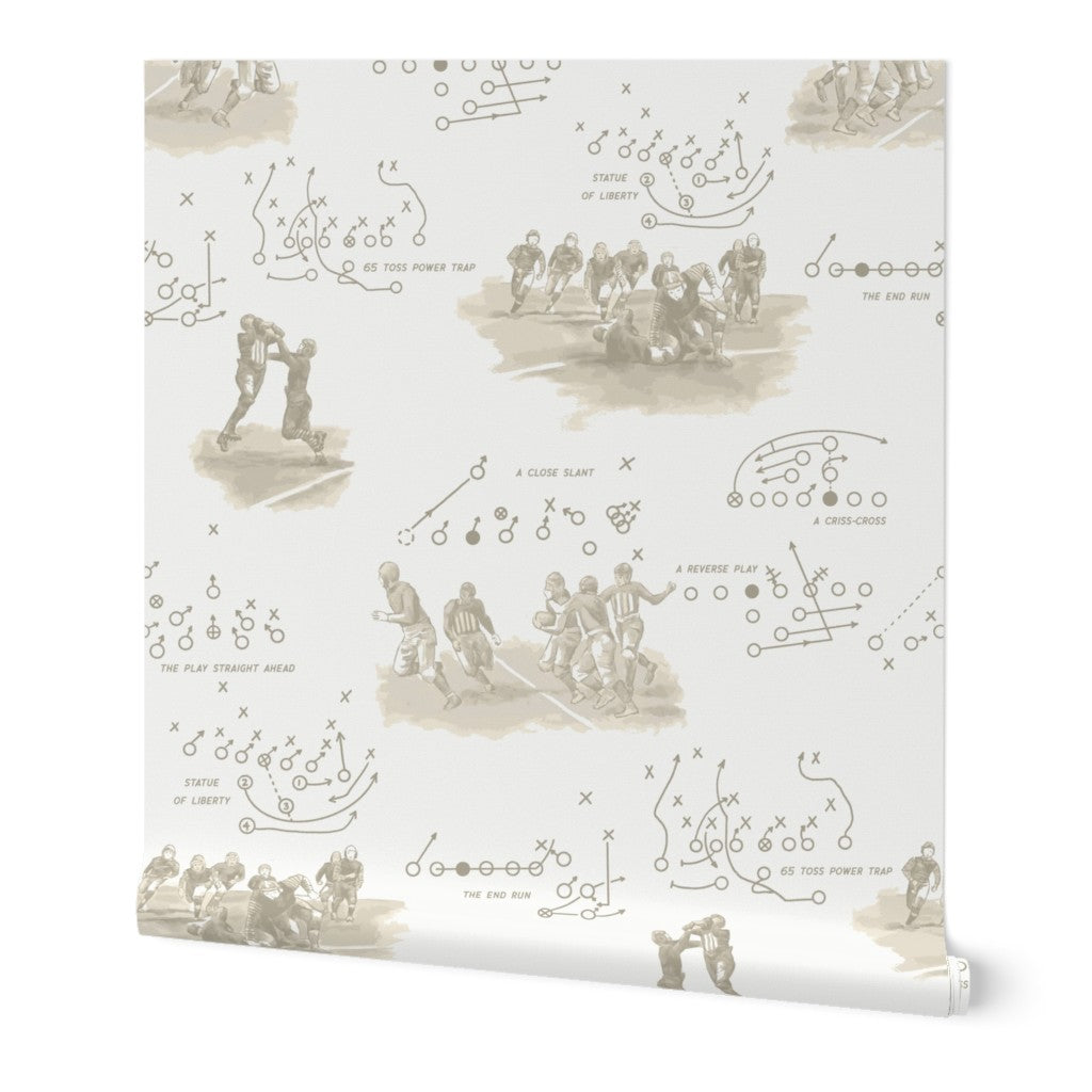 Rolled panel of vintage football wallpaper in sepia — 24 inch wide commercial grade wallpaper from Pine + Feather Studio