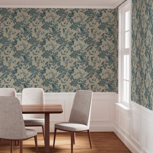 Western Birds and Flowers wallpaper in Alpine Teal styled in a dining room interior — jewel tone wallpaper by Pine + Feather Studio