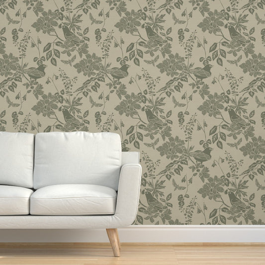 Western Birds and Flowers wallpaper in Fern Mist styled in a living room interior — rosepine wallpaper by Pine + Feather Studio