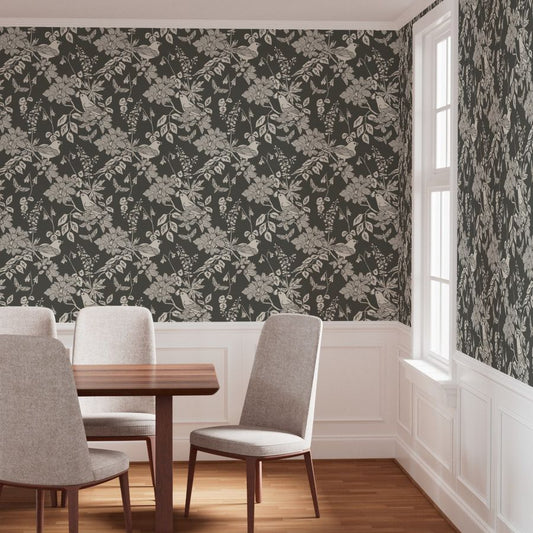 Western Birds and Flowers wallpaper in Forest Frost styled in a dining room interior — dark botanical wallpaper by Pine + Feather Studio