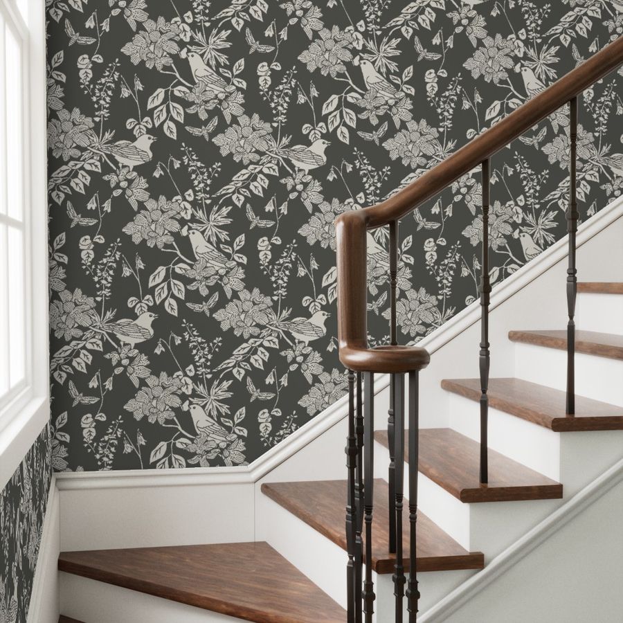 Western Birds and Flowers wallpaper in Forest Frost styled in a stairway interior — dark botanical wallpaper by Pine + Feather Studio