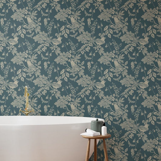 Western Birds and Flowers wallpaper in Jewel Canyon styled in a bathroom interior — dark teal wallpaper by Pine + Feather Studio