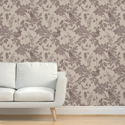 Western Birds and Flowers wallpaper in River Slate styled in a living room interior — greige wallpaper by Pine + Feather Studio