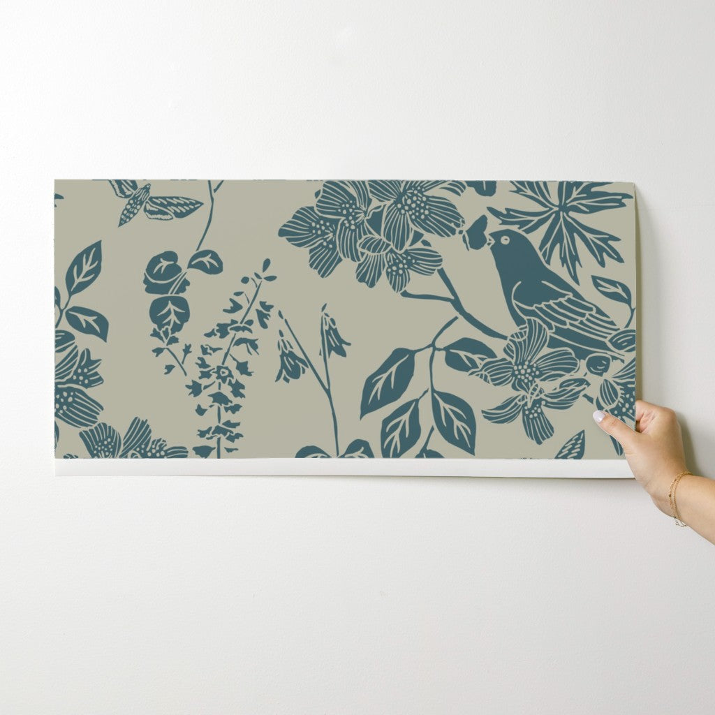 Western Birds and Flowers wallpaper swatch in Alpine Teal — jewel tone wallpaper by Pine + Feather Studio