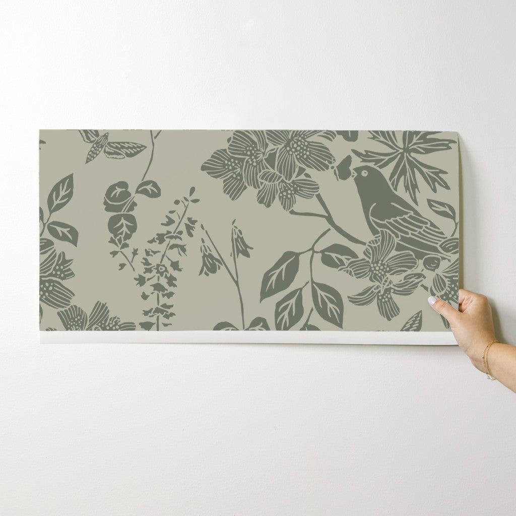 Western Birds and Flowers wallpaper swatch in Fern Mist — rosepine wallpaper by Pine + Feather Studio