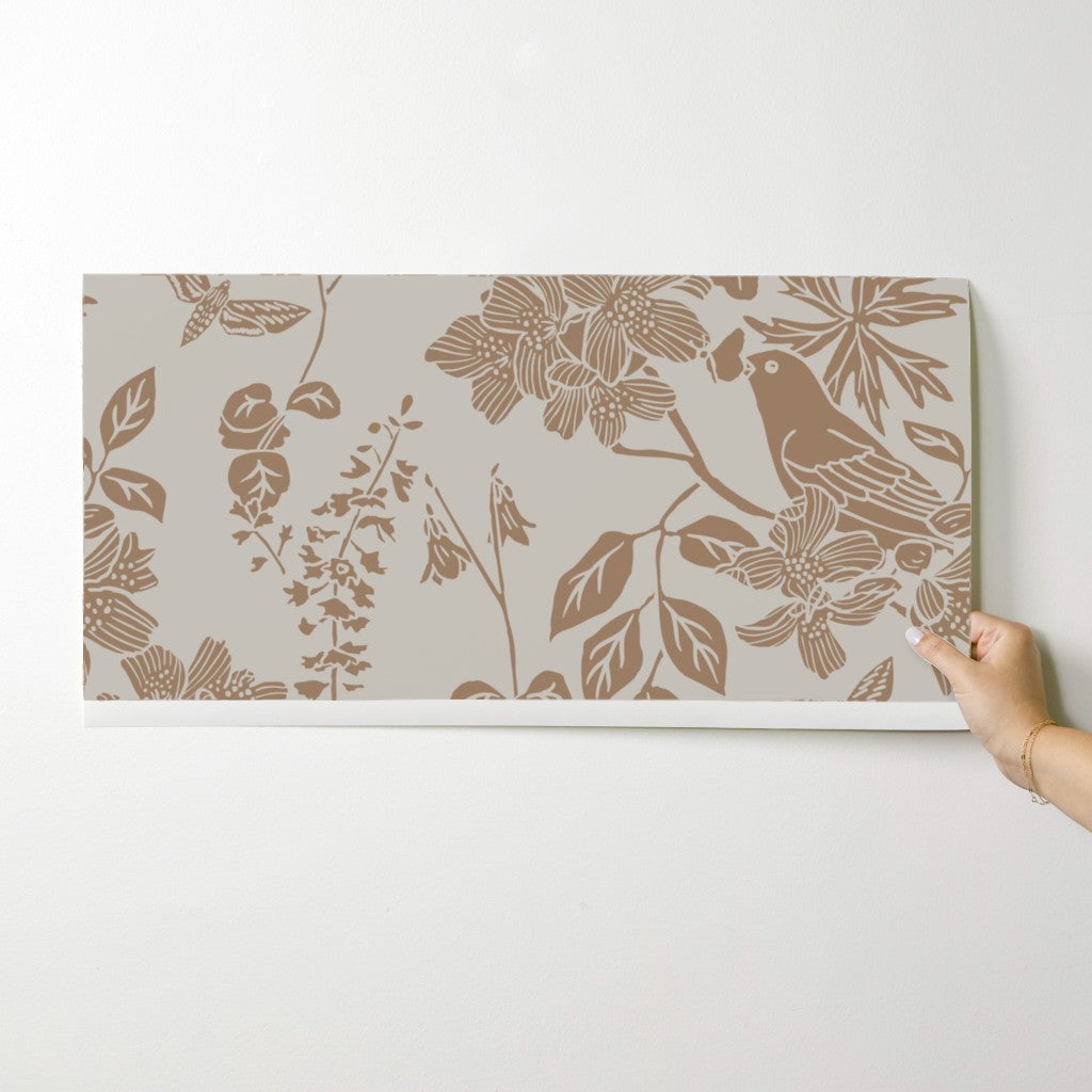 Western Birds and Flowers wallpaper swatch in Morning Tide — seafoam wallpaper by Pine + Feather Studio