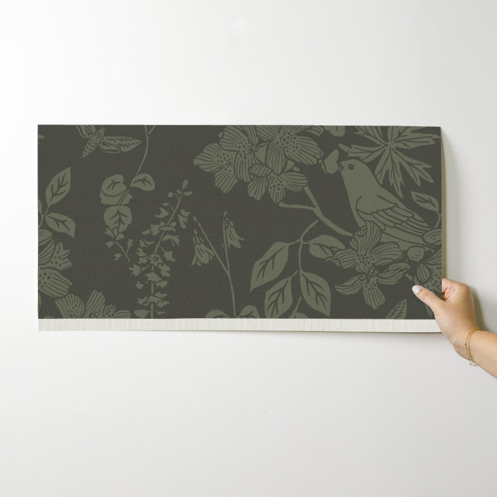 Western Birds and Flowers wallpaper swatch in Pine Shadow — earthy green wallpaper by Pine + Feather Studio