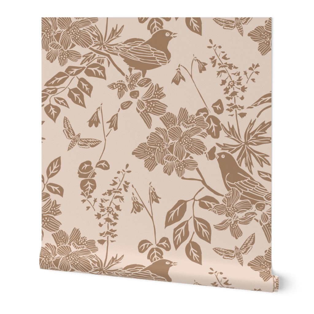 Western Birds and Flowers wallpaper roll in Prairie Rose — blush pink wallpaper by Pine + Feather Studio