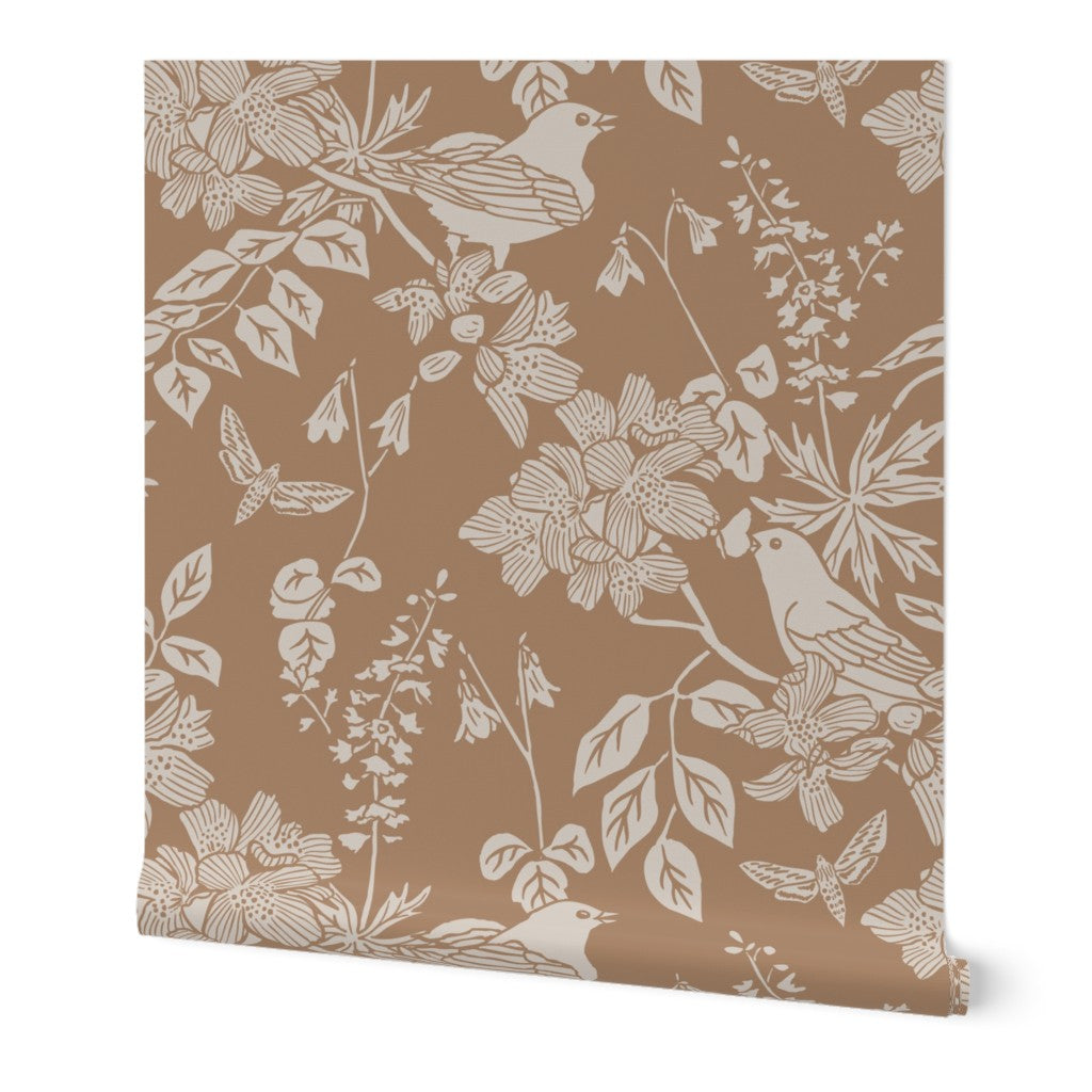 Western Birds and Flowers wallpaper roll in Harvest Fog — yellow tan wallpaper by Pine + Feather Studio