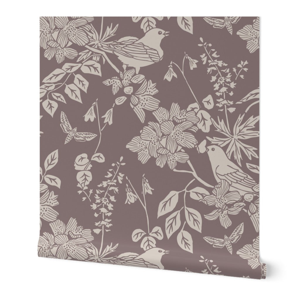 Western Birds and Flowers wallpaper roll in Autumn Dusk — vintage bird wallpaper by Pine + Feather Studio