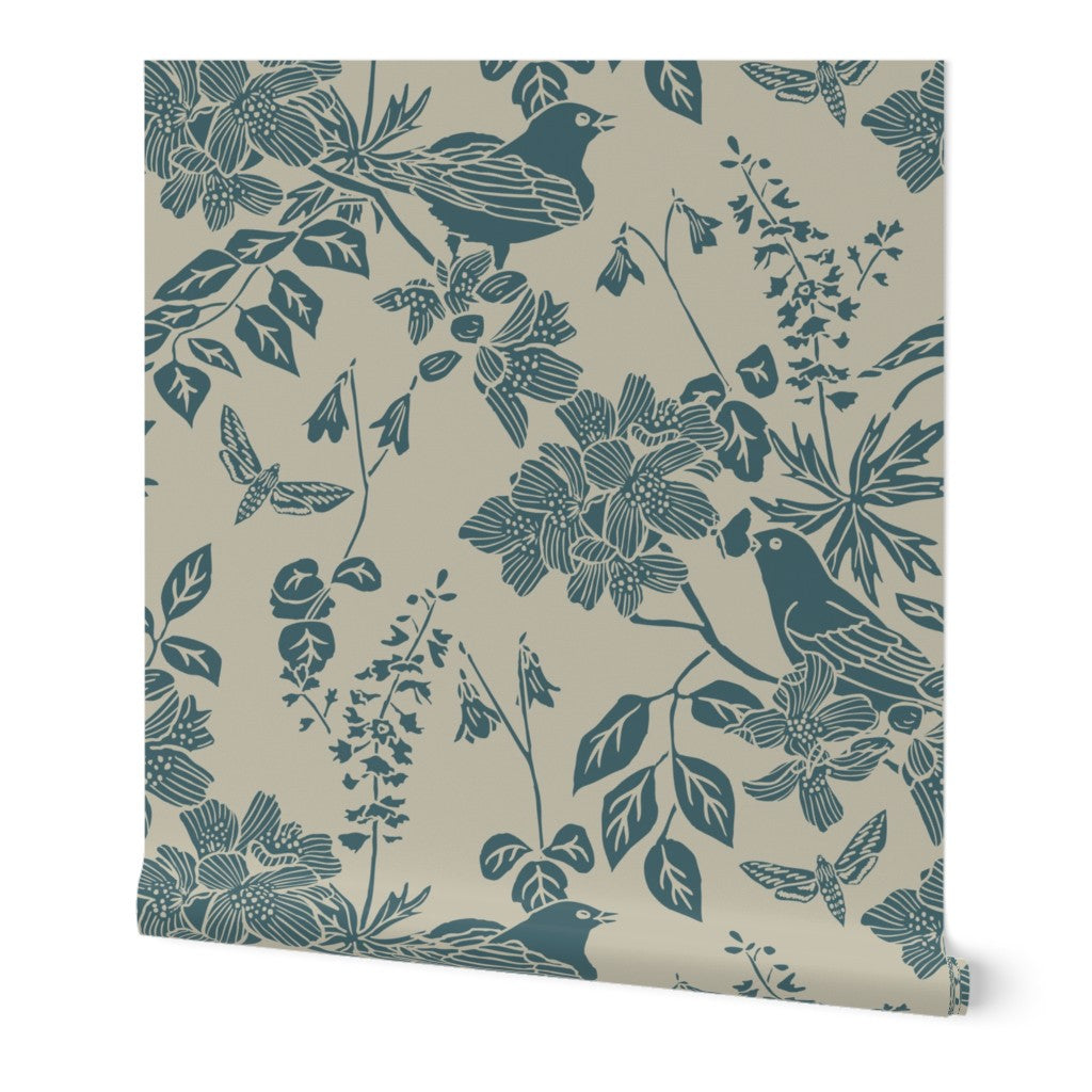Western Birds and Flowers wallpaper roll in Alpine Teal — jewel tone wallpaper by Pine + Feather Studio