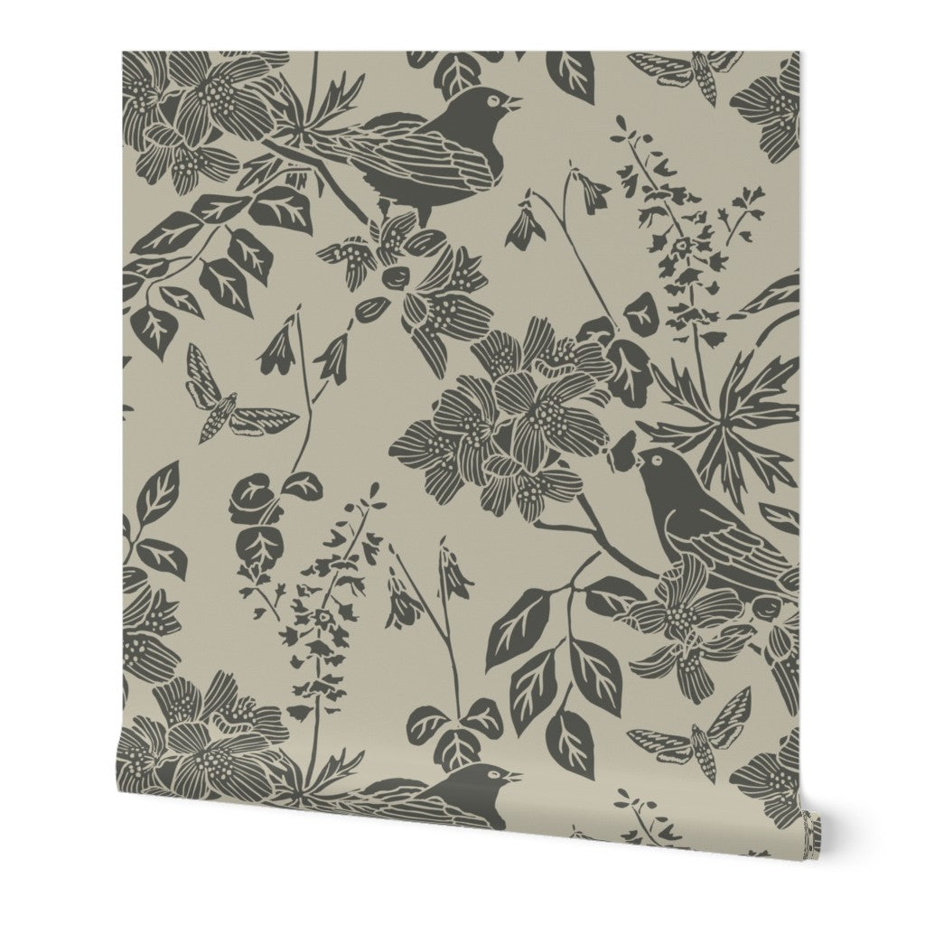 Western Birds and Flowers wallpaper roll in Forest Rain — green gray wallpaper by Pine + Feather Studio
