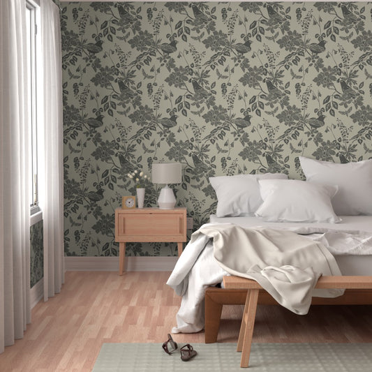 Western Birds and Flowers wallpaper in Forest Rain styled in a bedroom interior — green gray wallpaper by Pine + Feather Studio