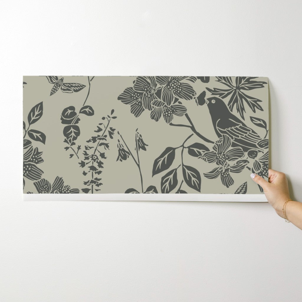 Western Birds and Flowers wallpaper swatch in Forest Rain — green gray wallpaper by Pine + Feather Studio