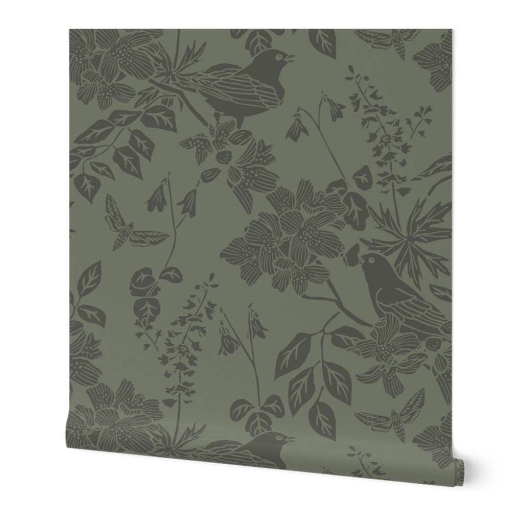 Western Birds and Flowers wallpaper roll in Deep Moss — arts and crafts bird wallpaper by Pine + Feather Studio