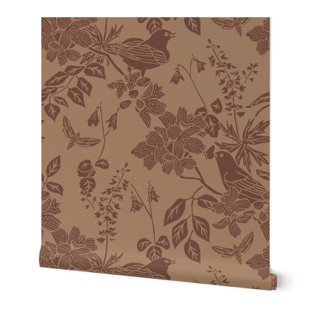 Western Birds and Flowers wallpaper roll in Buckskin — saddle brown wallpaper by Pine + Feather Studio