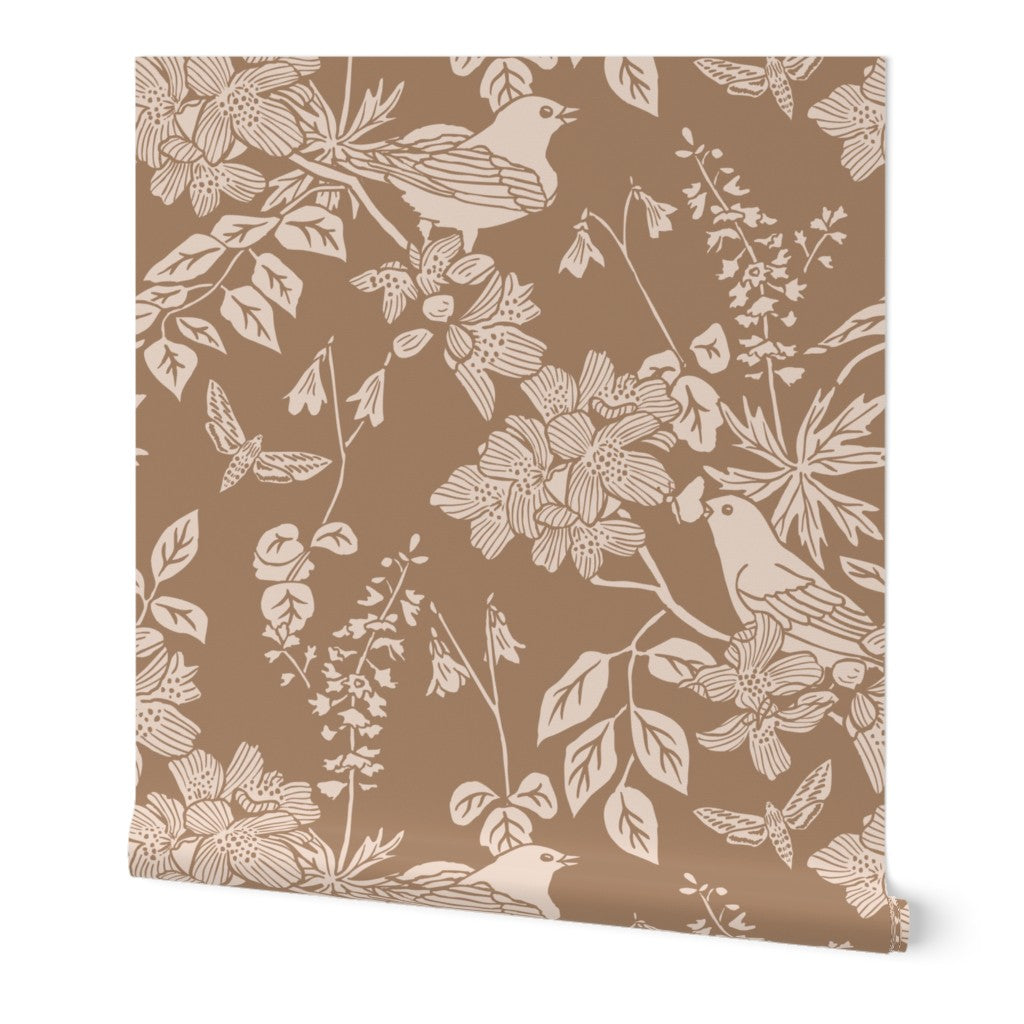 Western Birds and Flowers wallpaper roll in Harvest Rose — warm cream wallpaper by Pine + Feather Studio