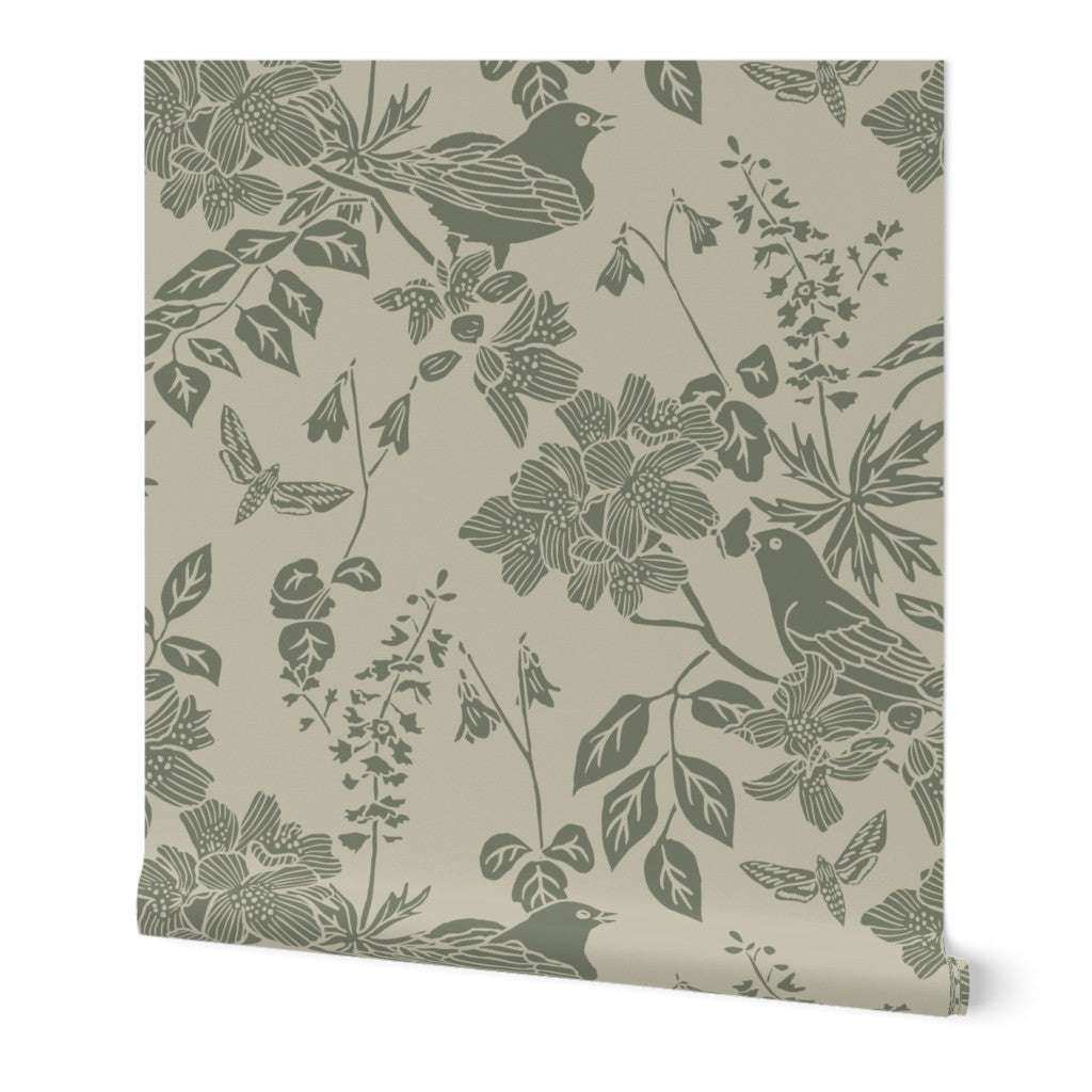 Western Birds and Flowers wallpaper roll in Fern Mist — rosepine wallpaper by Pine + Feather Studio