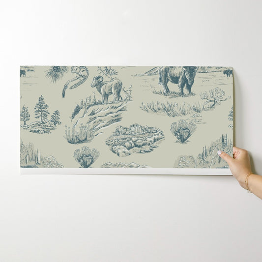 Wild Yellowstone Toile wallpaper swatch in Clear River — yellowstone wallpaper by Pine + Feather Studio