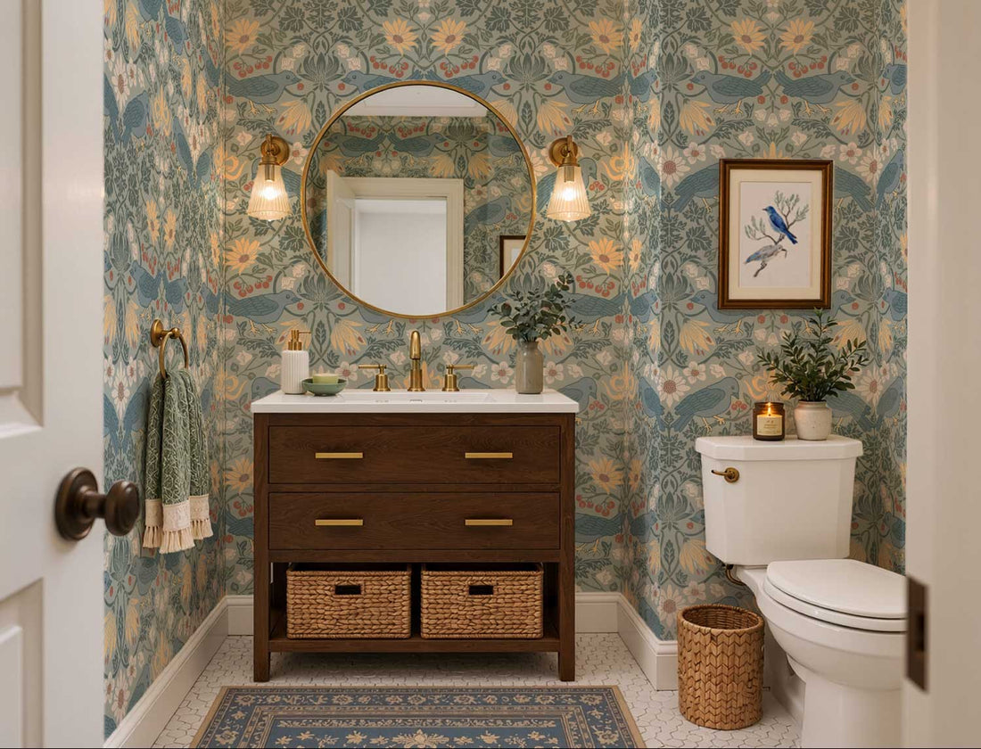 Powder room wallpaper: Huckleberry Thief in Glacier Sage on all four walls, walnut vanity, brass sconces and round mirror
