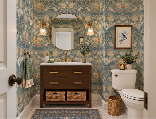 Powder room wallpaper: Huckleberry Thief in Glacier Sage on all four walls, walnut vanity, brass sconces and round mirror
