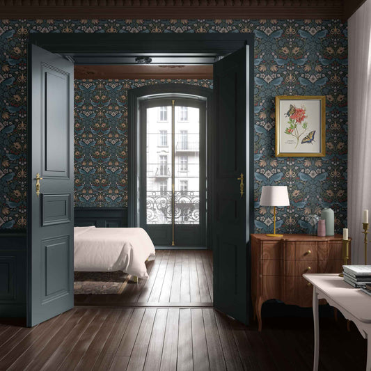 Huckleberry Thief wallpaper in the Wildcraft collection by Pine + Feather Studio styled in a classical Parisian apartment bedroom -- original Arts and Crafts pattern design in the tradition of William Morris
