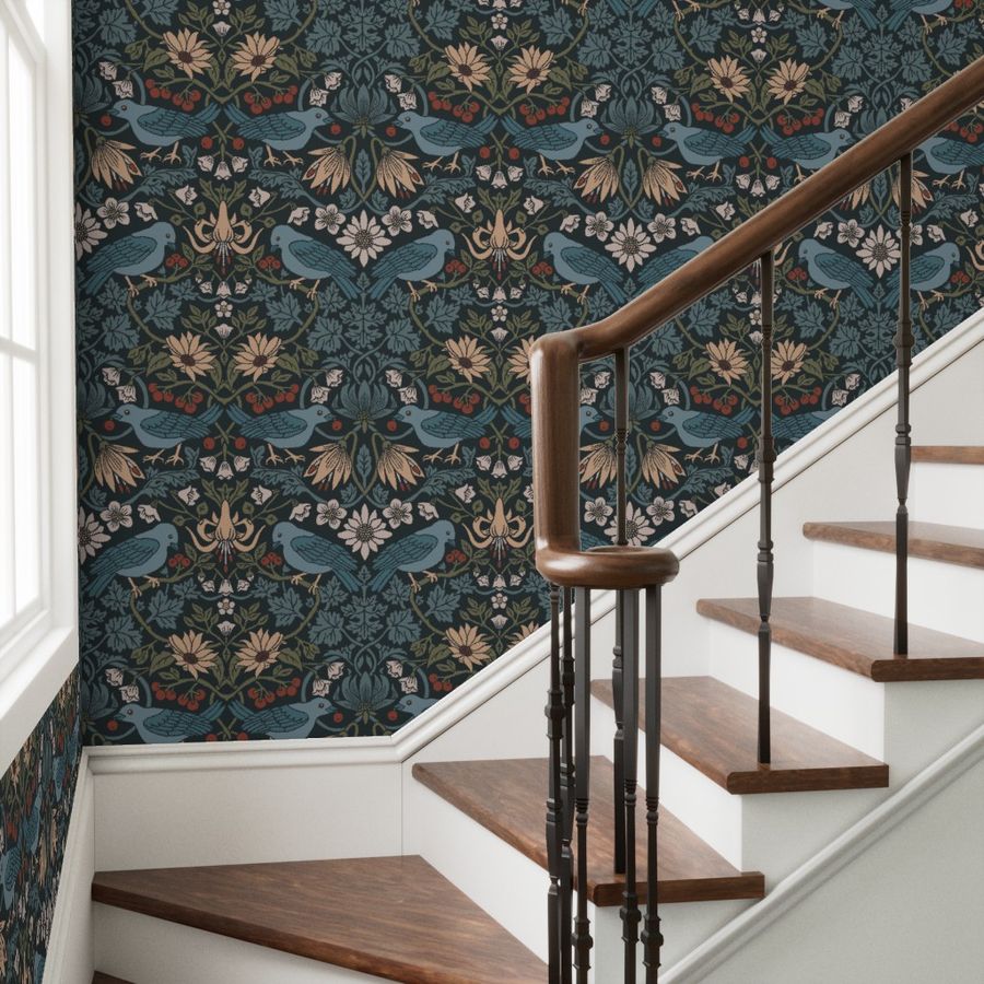 Arts and crafts wallpaper in a modern interior --      Huckleberry Thief Timberline Dark by Pine + Feather Studio