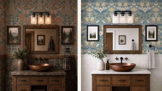 Two Arts and Crafts powder rooms compared, one moody mountain lodge style with stone wainscoting and one bright Craftsman bungalow with white subway tile, hand-illustrated wallpaper by Pine and Feather Studio