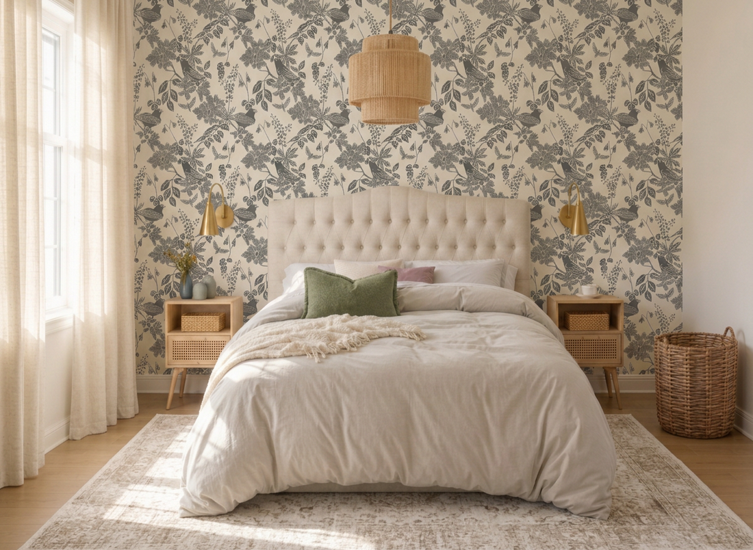 Small rental bedroom with Winter Moss removable wallpaper, cream tufted headboard, brass cordless sconces and a woven rattan pendant