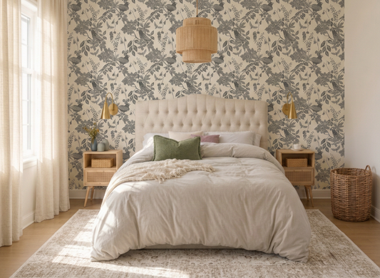 Small rental bedroom with Winter Moss removable wallpaper, cream tufted headboard, brass cordless sconces and a woven rattan pendant