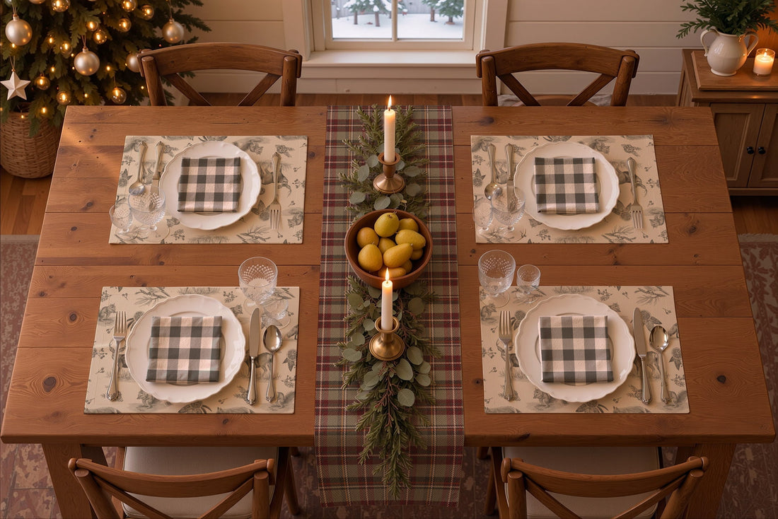 Rendering of a Christmas table set for four, seen from above, with the Holiday Berry plaid table runner, charcoal Woodland Toile placemats and charcoal buffalo check napkins