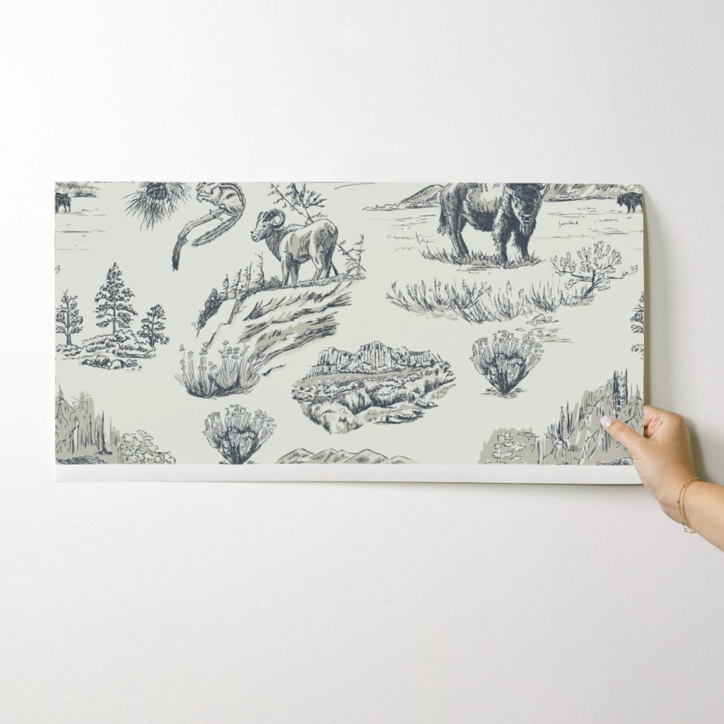 Wild Yellowstone Toile wallpaper swatch in Gallatin Blue — yellowstone wallpaper by Pine + Feather Studio