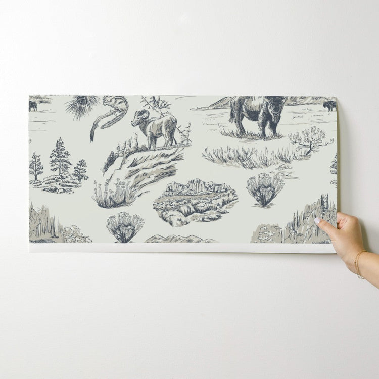 Wild Yellowstone Toile wallpaper swatch in Gallatin Blue — yellowstone wallpaper by Pine + Feather Studio