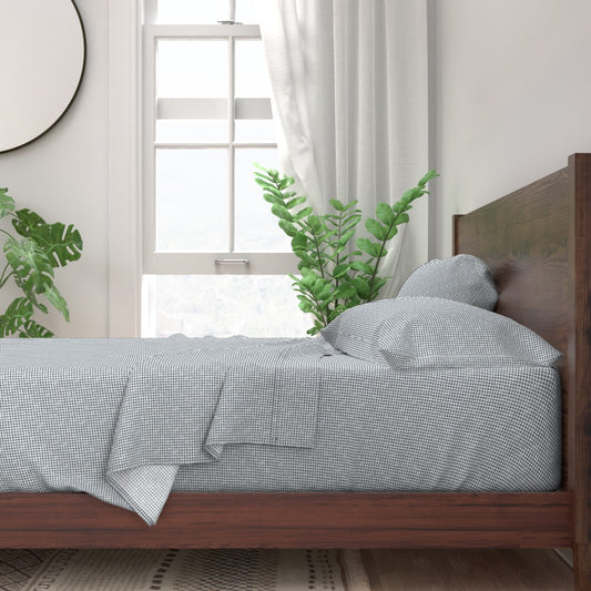 navy gingham cotton sateen sheet set on a walnut bed frame — Gridiron Gingham gingham bed sheets in navy and white