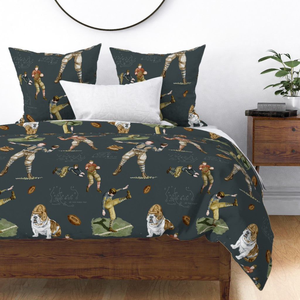 Leatherhead Legends vintage football duvet cover on a bed in a styled bedroom with dark slate ground and warm wood nightstand