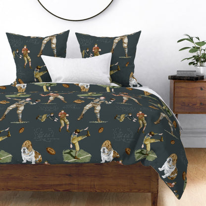 Leatherhead Legends vintage football duvet cover on a bed in a styled bedroom with dark slate ground and warm wood nightstand