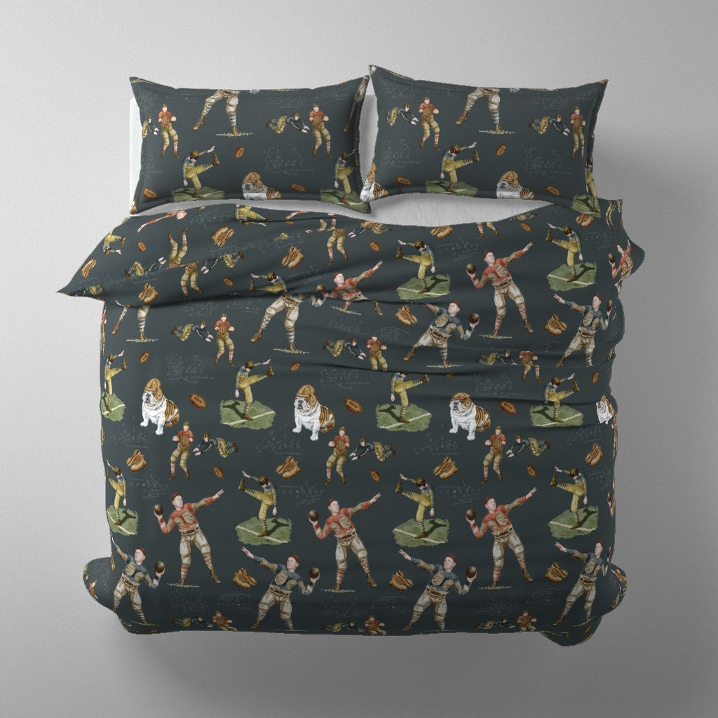 dark slate vintage football duvet cover overhead view showing the full Leatherhead Legends pattern