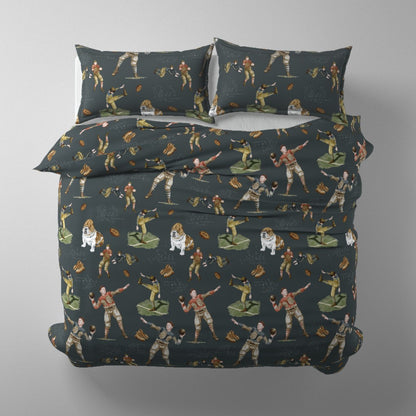 dark slate vintage football duvet cover overhead view showing the full Leatherhead Legends pattern